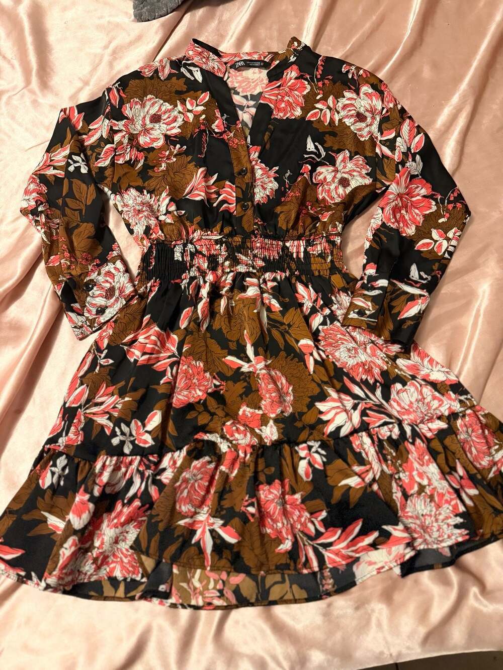 Zara Floral Print Smocked Waist Mini Dress Size XS
